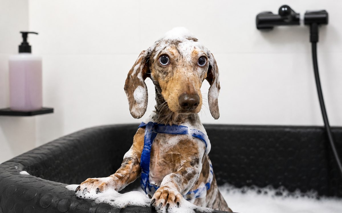Perro salchicha enjabonado durante su baño en CityPet