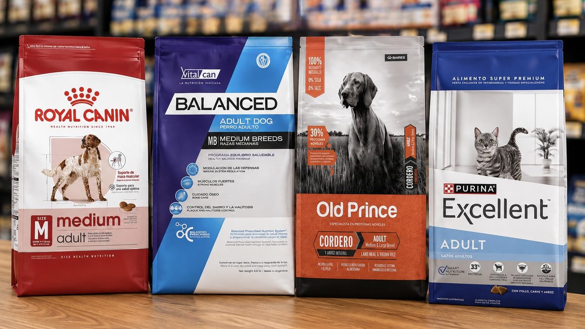 Bolsas de alimento Royal Canin, Vital Can, Old Prince y Purina Excellent en el mostrador de CityPet