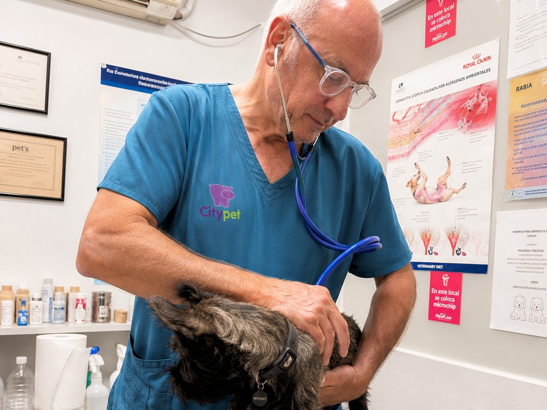 Veterinario de CityPet revisando a un perro con estetoscopio